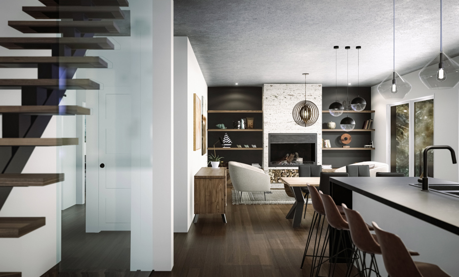 Perspective intérieure modèle M3 ilot cuisine salon et escaliers