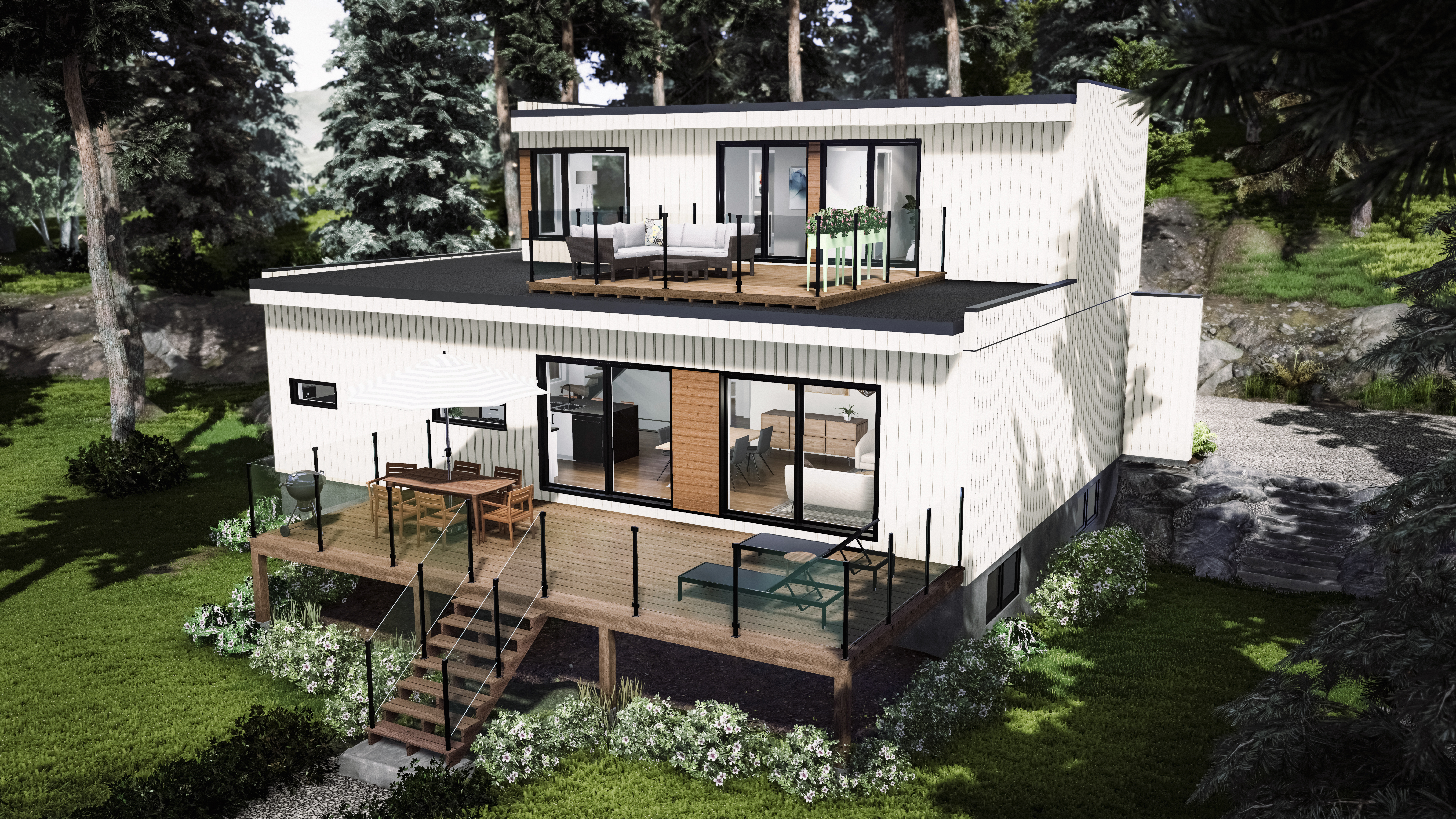 Perspective extérieure modèle M3 avec terrasse et cours
